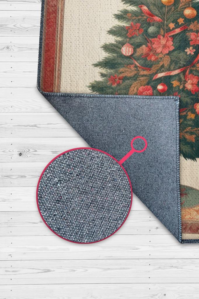 Yeni Yıl Temalı Halı Krem Kırmızı Renkli Yeni Yıl Parti Halısı Yılbaşı Ağacı Hediyelik Halı