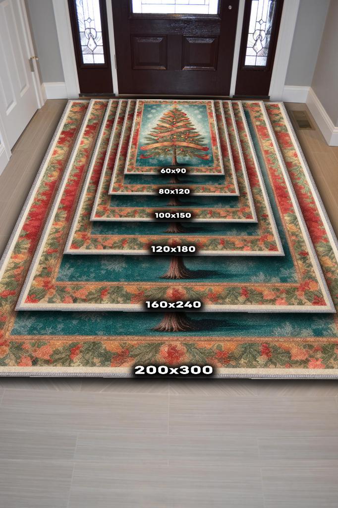 Yeni Yıl Temalı Halı Krem Kırmızı Renkli Yeni Yıl Parti Halısı Yılbaşı Hediyelik Halı