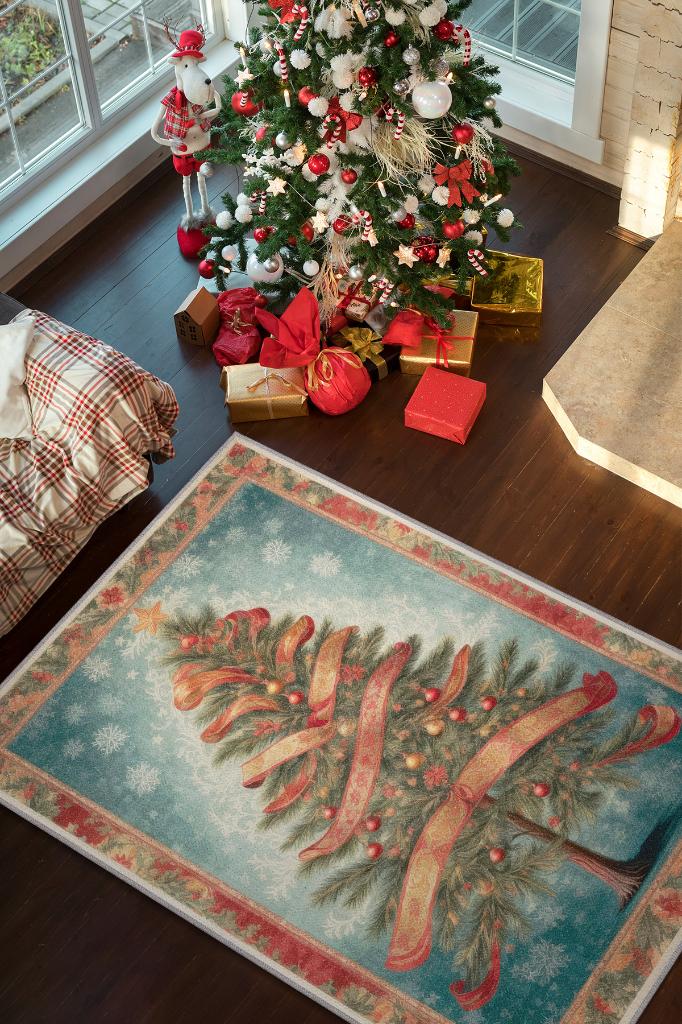 Yeni Yıl Temalı Halı Krem Kırmızı Renkli Yeni Yıl Parti Halısı Yılbaşı Hediyelik Halı