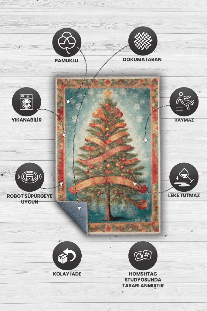 Yeni Yıl Temalı Halı Krem Kırmızı Renkli Yeni Yıl Parti Halısı Yılbaşı Hediyelik Halı