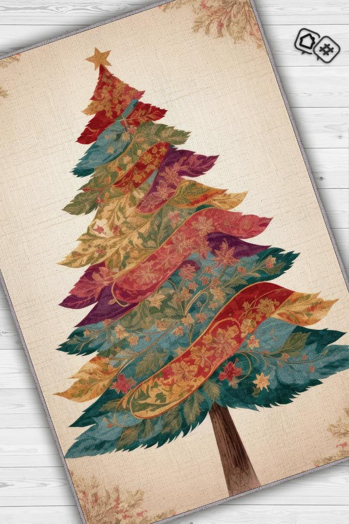 Yeni Yıl Temalı Halı Krem Renkli Yeni Yıl Parti Halısı Minimal Yılbaşı Temal Halı