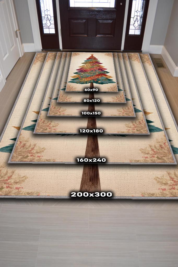 Yeni Yıl Temalı Halı Krem Renkli Yeni Yıl Parti Halısı Minimal Yılbaşı Temal Halı