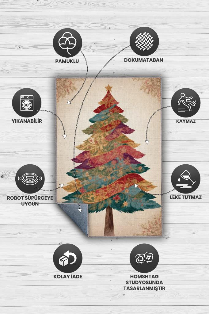 Yeni Yıl Temalı Halı Krem Renkli Yeni Yıl Parti Halısı Minimal Yılbaşı Temal Halı