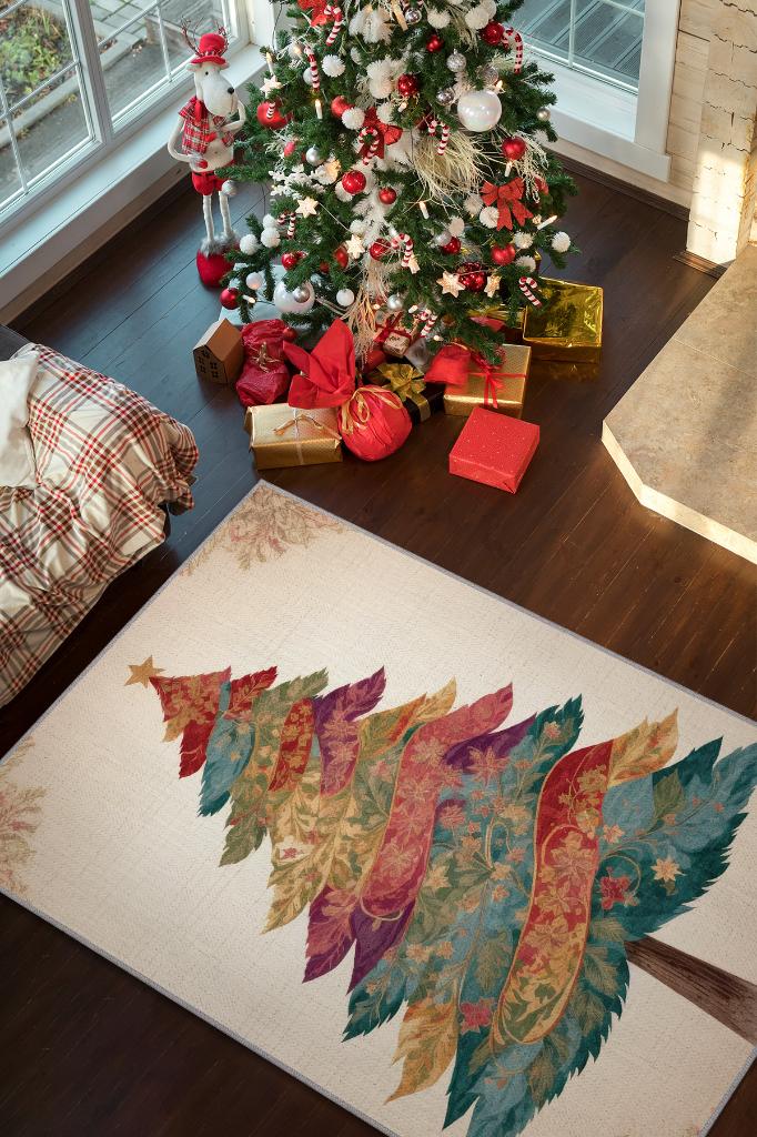 Yeni Yıl Temalı Halı Krem Renkli Yeni Yıl Parti Halısı Minimal Yılbaşı Temal Halı