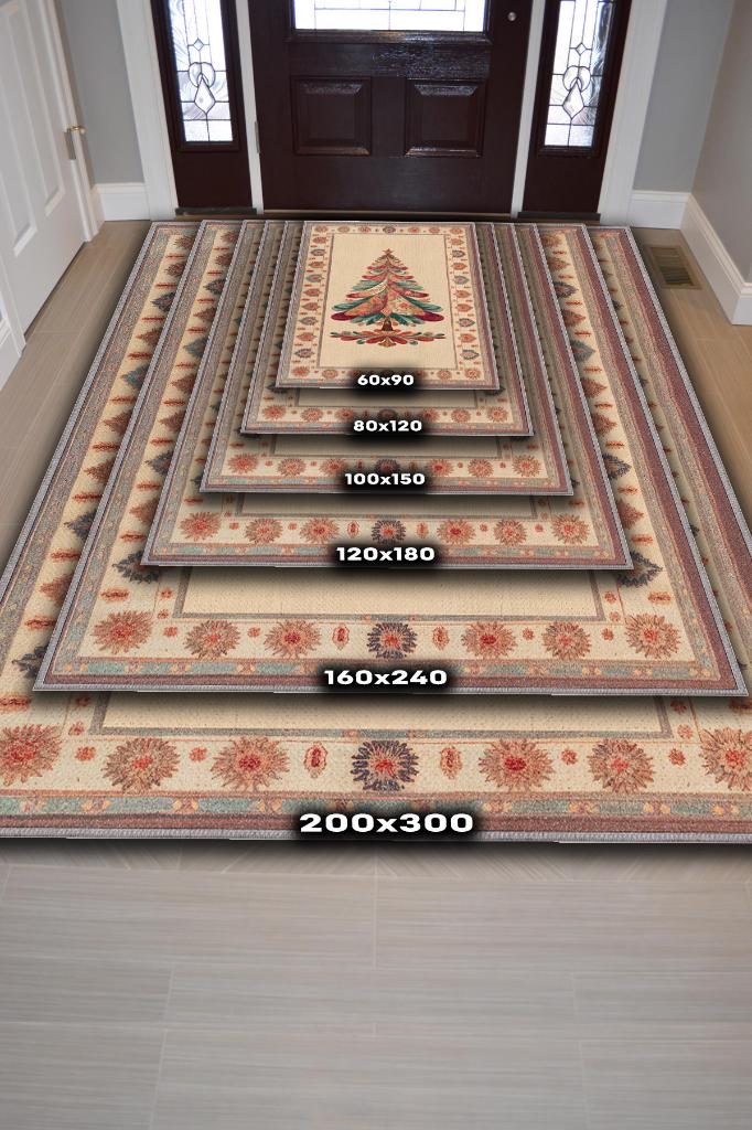 Yeni Yıl Temalı Halı Krem Renkli Yeni Yıl Parti Halısı Yılbaşı Temalı Hediyelik Halı