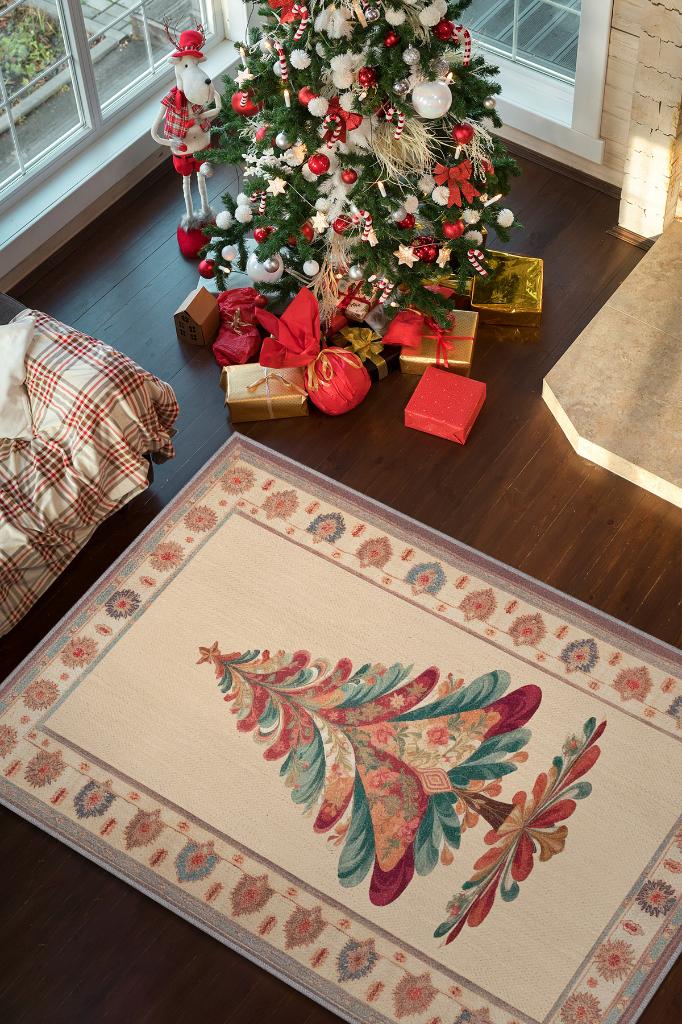 Yeni Yıl Temalı Halı Krem Renkli Yeni Yıl Parti Halısı Yılbaşı Temalı Hediyelik Halı