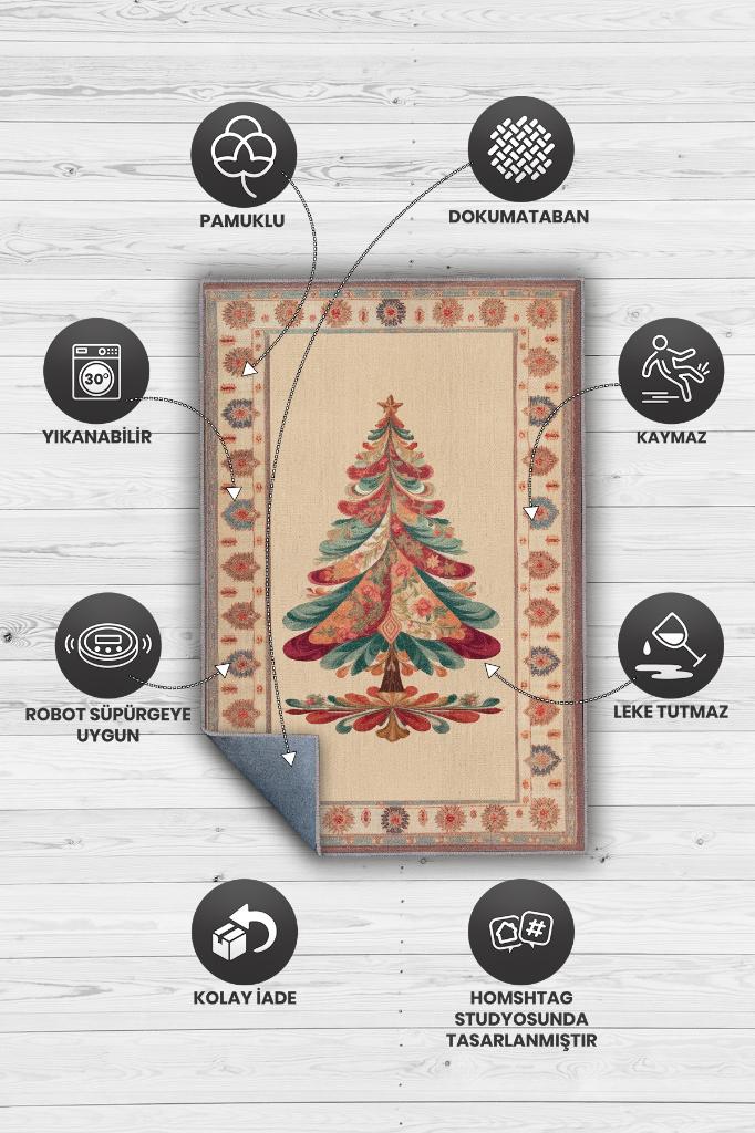 Yeni Yıl Temalı Halı Krem Renkli Yeni Yıl Parti Halısı Yılbaşı Temalı Hediyelik Halı