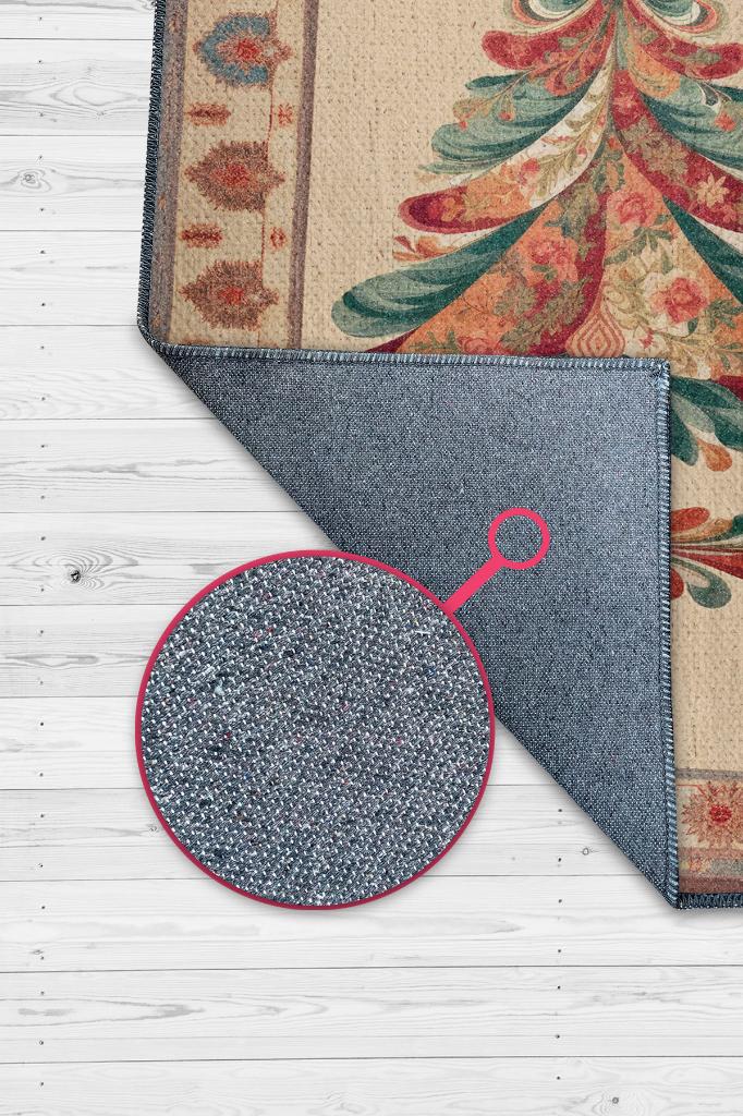 Yeni Yıl Temalı Halı Krem Renkli Yeni Yıl Parti Halısı Yılbaşı Temalı Hediyelik Halı