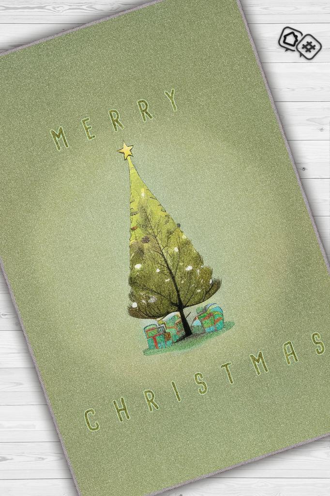 Yeni Yıl Temalı Modern Halı Yeşil Renkli Yeni Yıl Parti Halısı Yılbaşı Hediyelik Halı