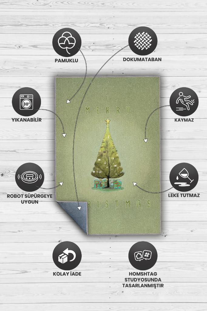 Yeni Yıl Temalı Modern Halı Yeşil Renkli Yeni Yıl Parti Halısı Yılbaşı Hediyelik Halı