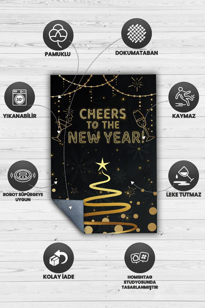 Yeni Yıla Siyah Renkli Geometrik Yeni Yıl Parti Halısı Yılbaşı Temalı Hediyelik Halı