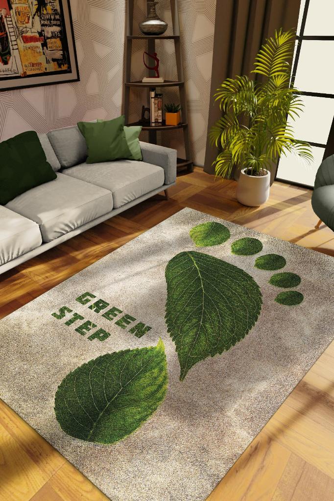 Yeşil Adım Bej Renkli Halı Doğa Severler İçin Hediyelik Yeşil Renk Halı Modern Yazlık Halı