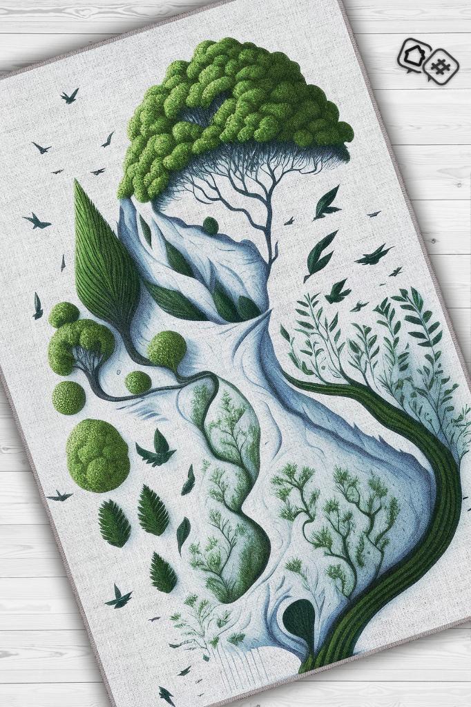 Yeşil ve Özgür,Yeşil Beyaz Soyut Dekoratif Oturma Odası Halısı,Yazlık İnce Balkon Halısı,Sade Mutfak Halısı