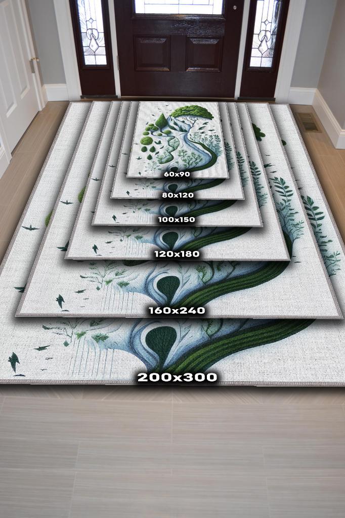 Yeşil ve Özgür,Yeşil Beyaz Soyut Dekoratif Oturma Odası Halısı,Yazlık İnce Balkon Halısı,Sade Mutfak Halısı