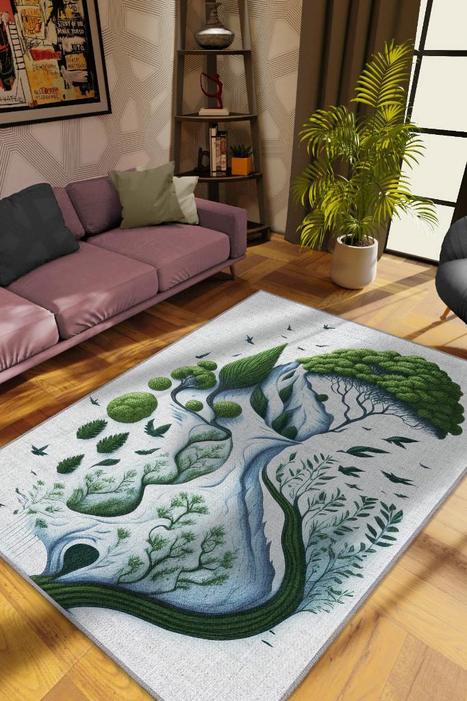 Yeşil ve Özgür,Yeşil Beyaz Soyut Dekoratif Oturma Odası Halısı,Yazlık İnce Balkon Halısı,Sade Mutfak Halısı