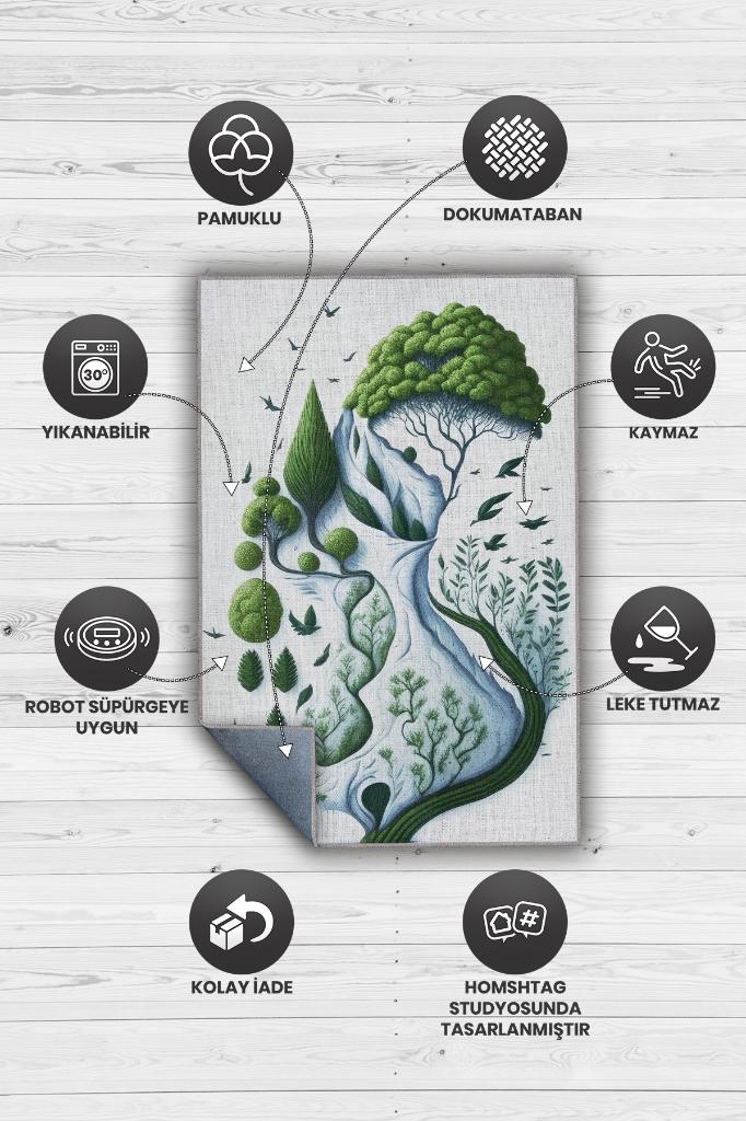 Yeşil ve Özgür,Yeşil Beyaz Soyut Dekoratif Oturma Odası Halısı,Yazlık İnce Balkon Halısı,Sade Mutfak Halısı