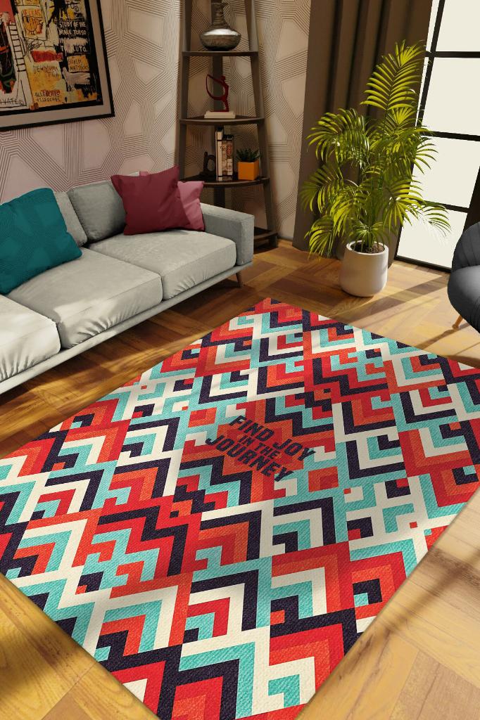 Yolculuk, Çok Renkli Retro Halı,Geometrik Oturma Odası Halısı,Sıcak Renkli İnce Yazlık Halı, Balkon Halısı, Yazılı ve Minimalist Pamuklu Dokuma Tabanlı Yıkanabilir Dekoratif Home Salon Halısı