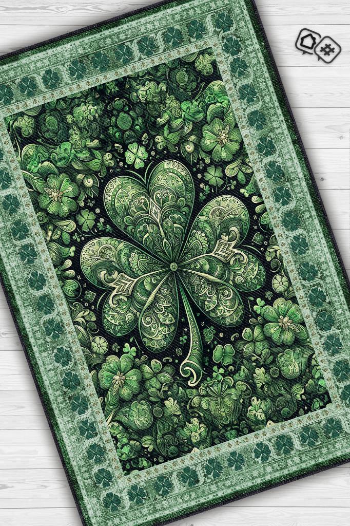 Yonca Dijital Baskılı Halı Şans Temalı Dokuma Tabanlı Çok Renkli Halı Yeşil Renk Şans Halısı