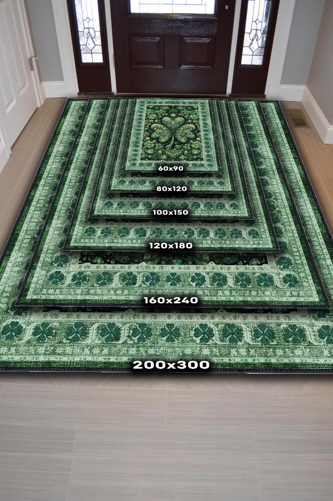 Yonca Dijital Baskılı Halı Şans Temalı Dokuma Tabanlı Çok Renkli Halı Yeşil Renk Şans Halısı