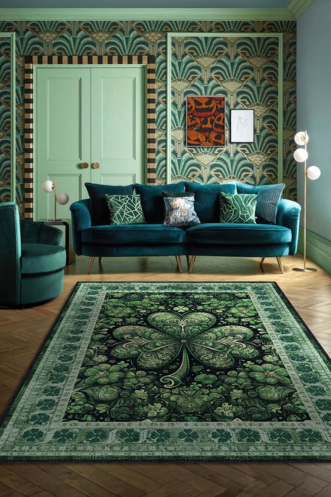 Yonca Dijital Baskılı Halı Şans Temalı Dokuma Tabanlı Çok Renkli Halı Yeşil Renk Şans Halısı