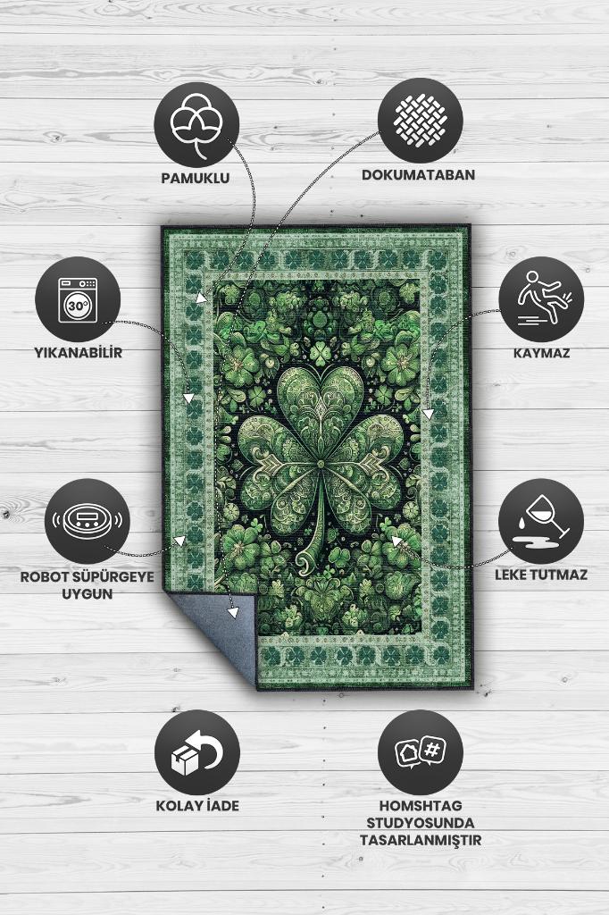 Yonca Dijital Baskılı Halı Şans Temalı Dokuma Tabanlı Çok Renkli Halı Yeşil Renk Şans Halısı