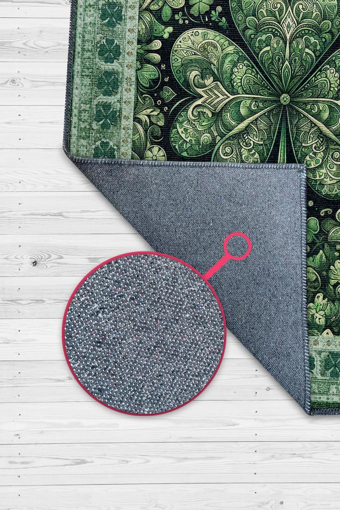 Yonca Dijital Baskılı Halı Şans Temalı Dokuma Tabanlı Çok Renkli Halı Yeşil Renk Şans Halısı