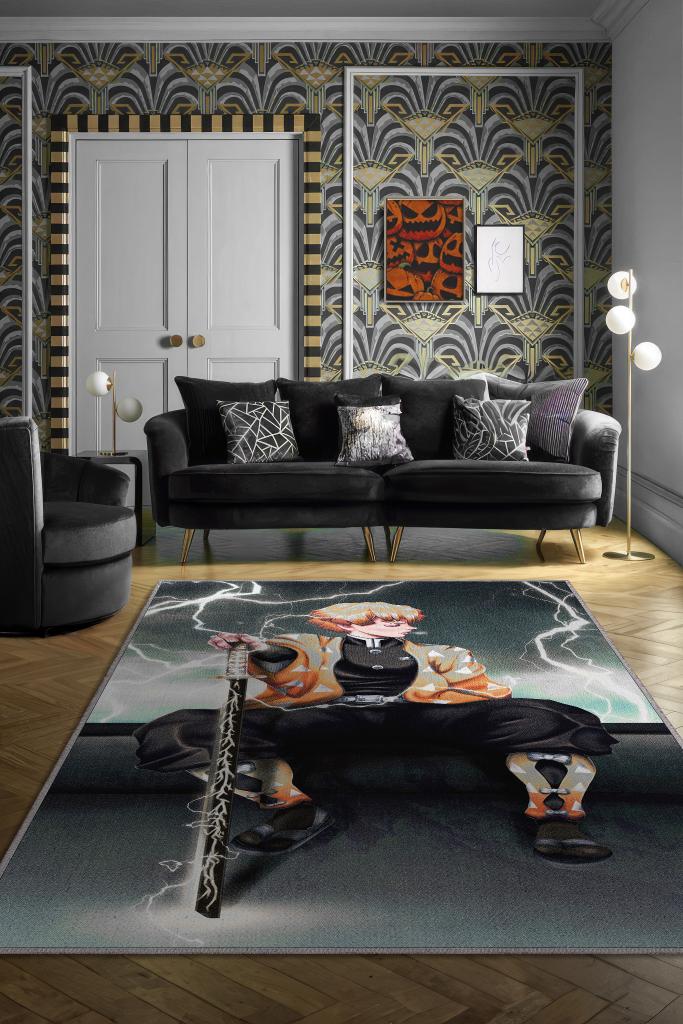 Zenitsu Agatsuma,Demon Slayer Temalı Koyu Renkli Anime Halısı Dekoratif Anime Halısı