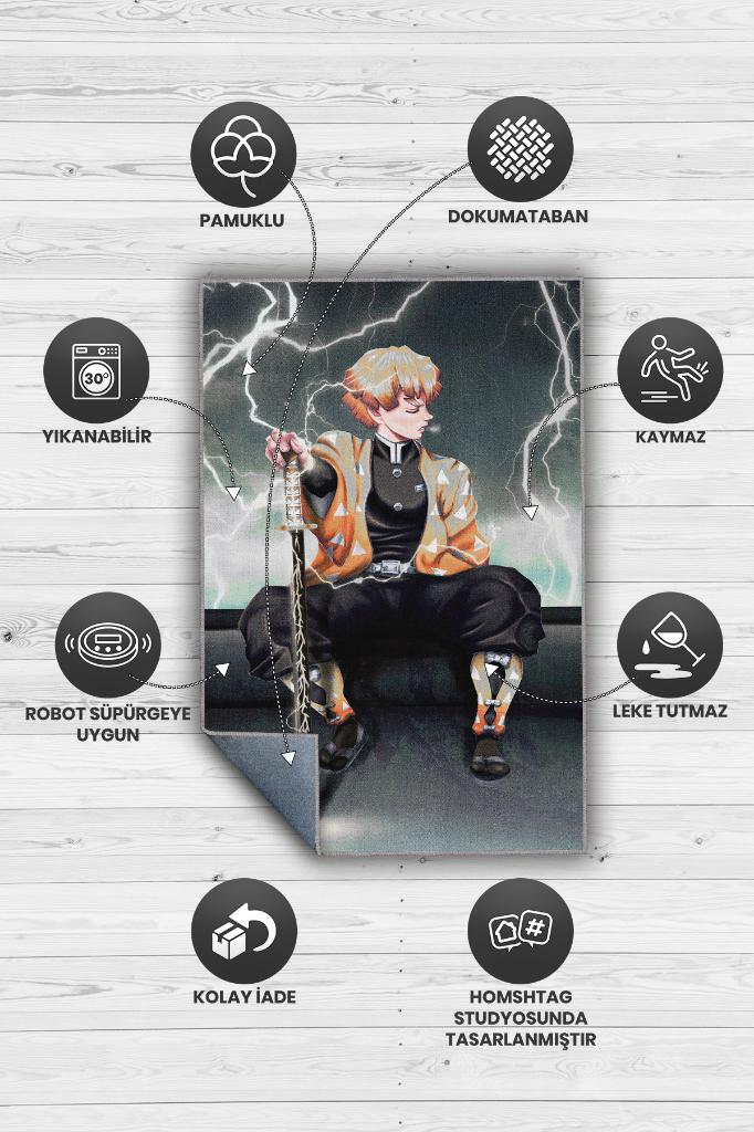 Zenitsu Agatsuma,Demon Slayer Temalı Koyu Renkli Anime Halısı Dekoratif Anime Halısı