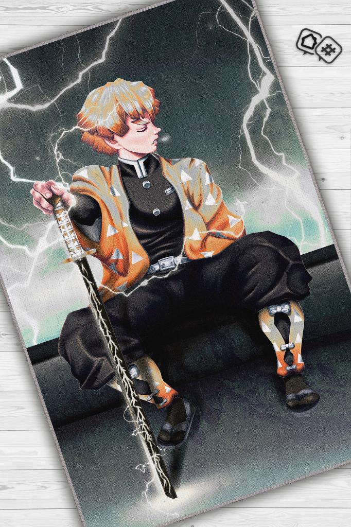 Zenitsu Agatsuma,Demon Slayer Temalı Koyu Renkli Anime Halısı Dekoratif Anime Halısı