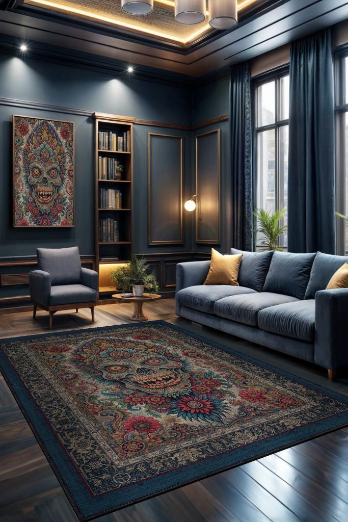 Zombi Figürlü Korku Temalı Zombili Salon Halısı Koyu Renkli Oturma Odası Halı Konsept Halı