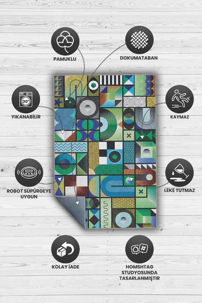 İyi Hal Geometrik Desenli Salon Halısı Yeşil Oturma Odası Halısı Dekoratif Halı Modern Halı