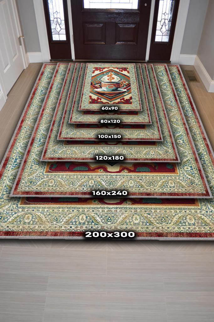 Kahve Aşkı Geometrik Renkli Salon Halısı Bordürlü Mutfak Halısı Etnik Desenli Halı