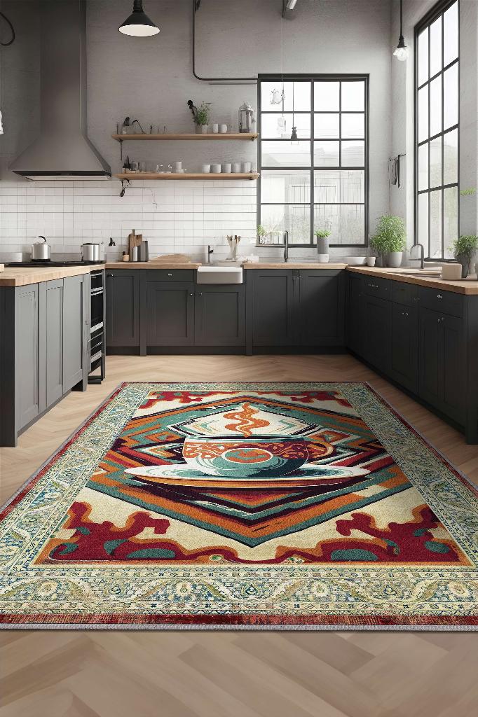 Kahve Aşkı Geometrik Renkli Salon Halısı Bordürlü Mutfak Halısı Etnik Desenli Halı