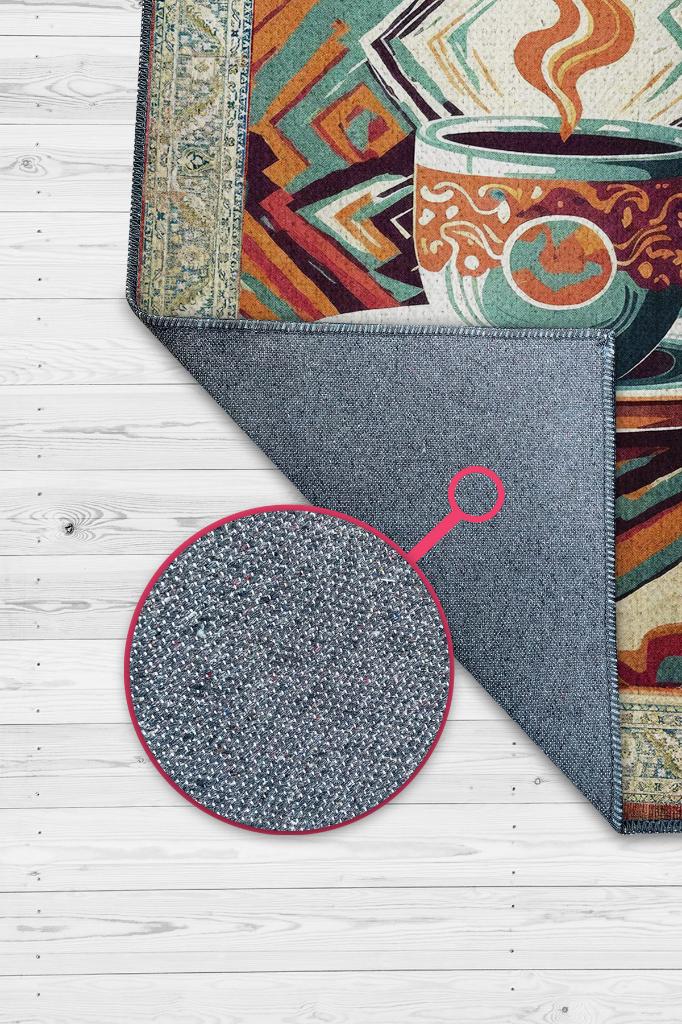 Kahve Aşkı Geometrik Renkli Salon Halısı Bordürlü Mutfak Halısı Etnik Desenli Halı