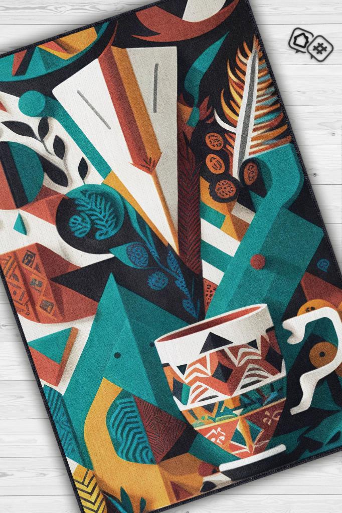 Kahve Benim Dünyam Geometrik Çok Renkli Salon Halısı Modern Mutfak Halı Etnik Desenli Halı