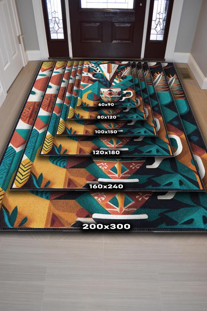 Kahve Benim Dünyam Geometrik Çok Renkli Salon Halısı Modern Mutfak Halı Etnik Desenli Halı