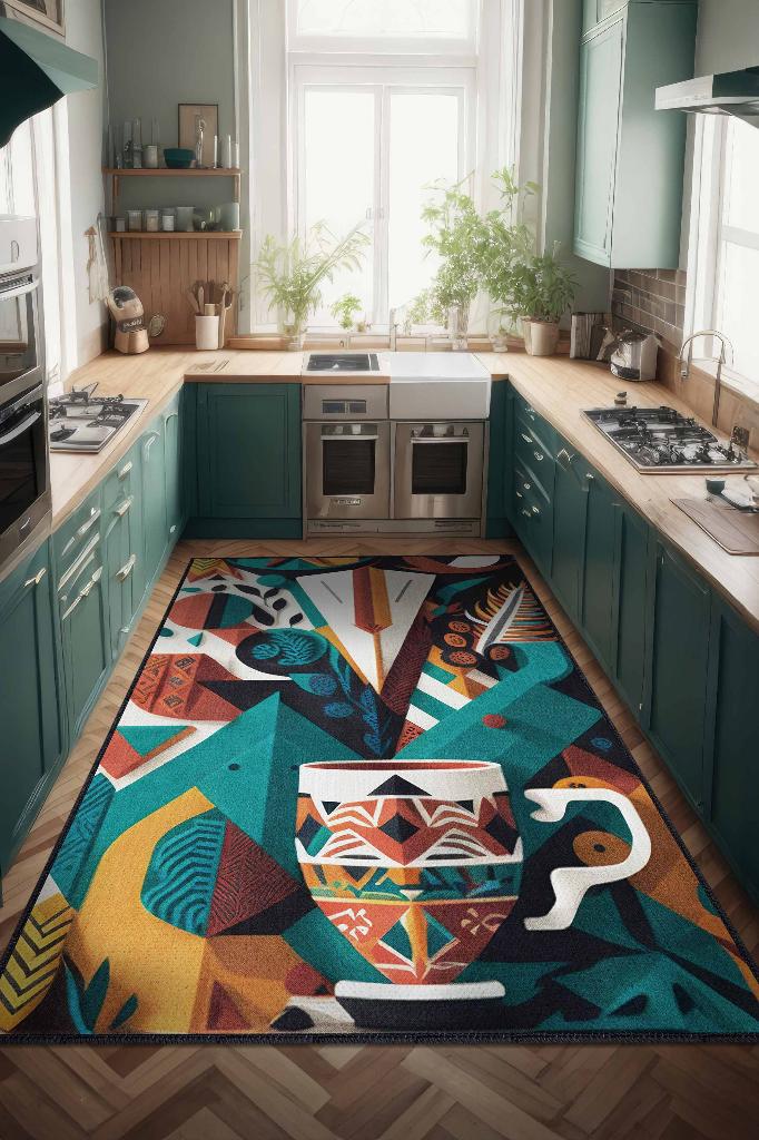 Kahve Benim Dünyam Geometrik Çok Renkli Salon Halısı Modern Mutfak Halı Etnik Desenli Halı