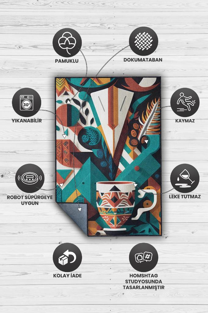 Kahve Benim Dünyam Geometrik Çok Renkli Salon Halısı Modern Mutfak Halı Etnik Desenli Halı