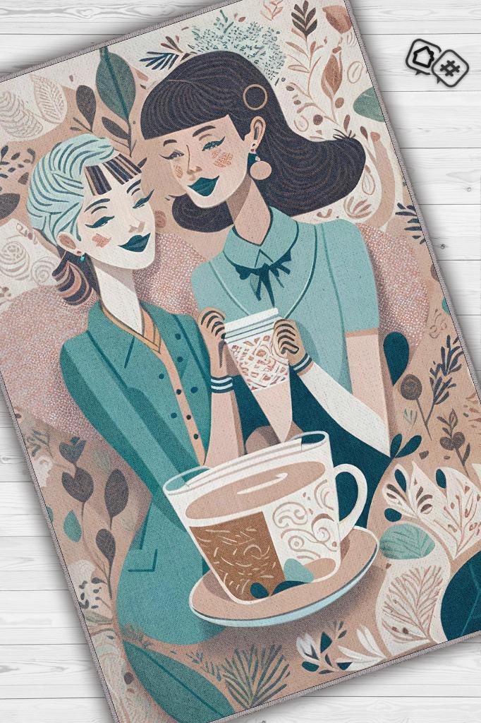 Kahve Dostluğu Çok Renkli Kahve Sever Halısı Geometrik Mutfak Halısı Minimal Salon Halısı