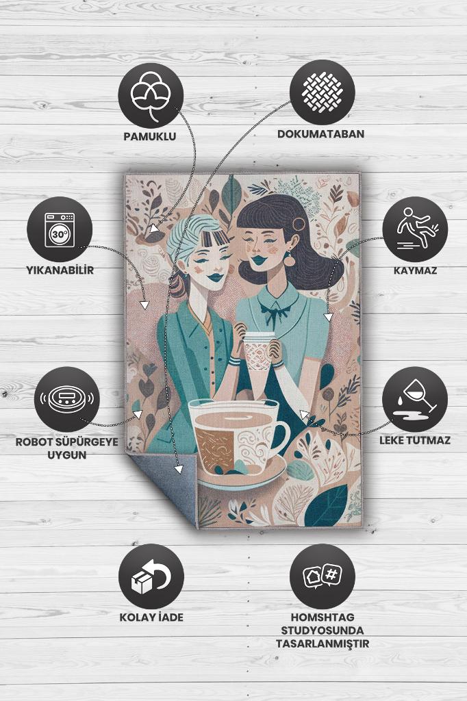 Kahve Dostluğu Çok Renkli Kahve Sever Halısı Geometrik Mutfak Halısı Minimal Salon Halısı