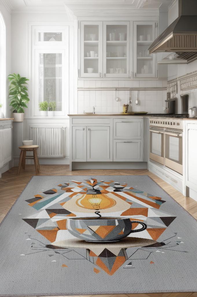Kahve İyi Fikir Gri Renkli Mutfak Halısı Modern Geometrik Desenli Halı Dekoratif Halı
