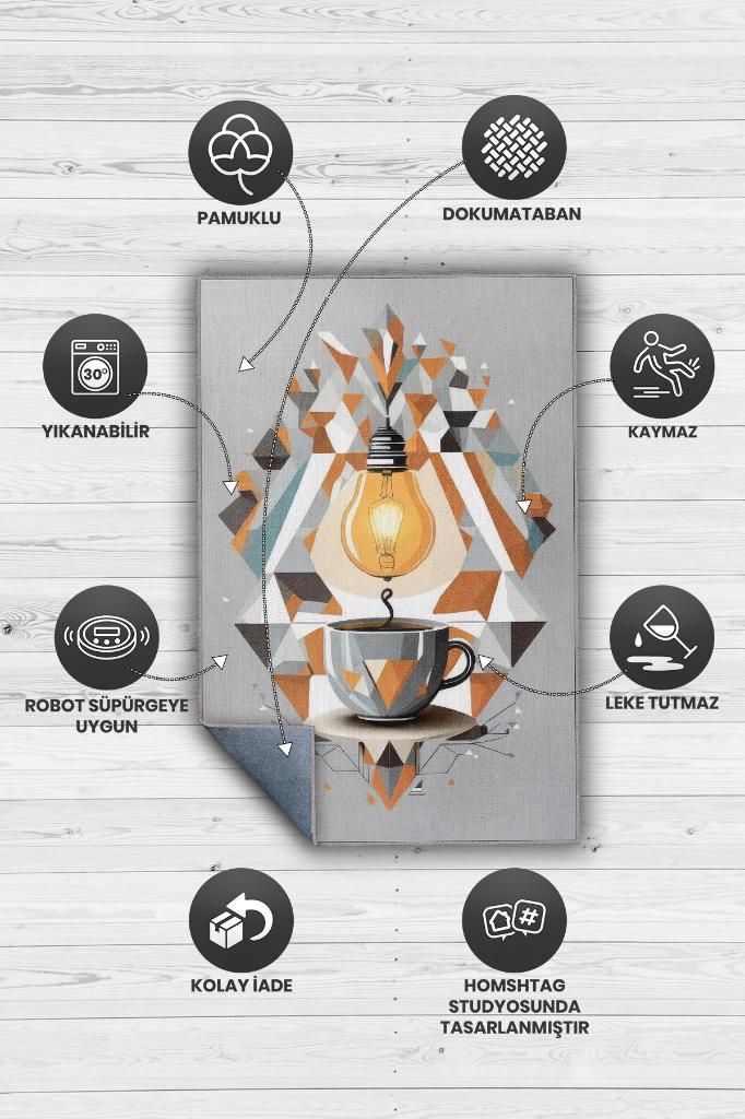 Kahve İyi Fikir Gri Renkli Mutfak Halısı Modern Geometrik Desenli Halı Dekoratif Halı