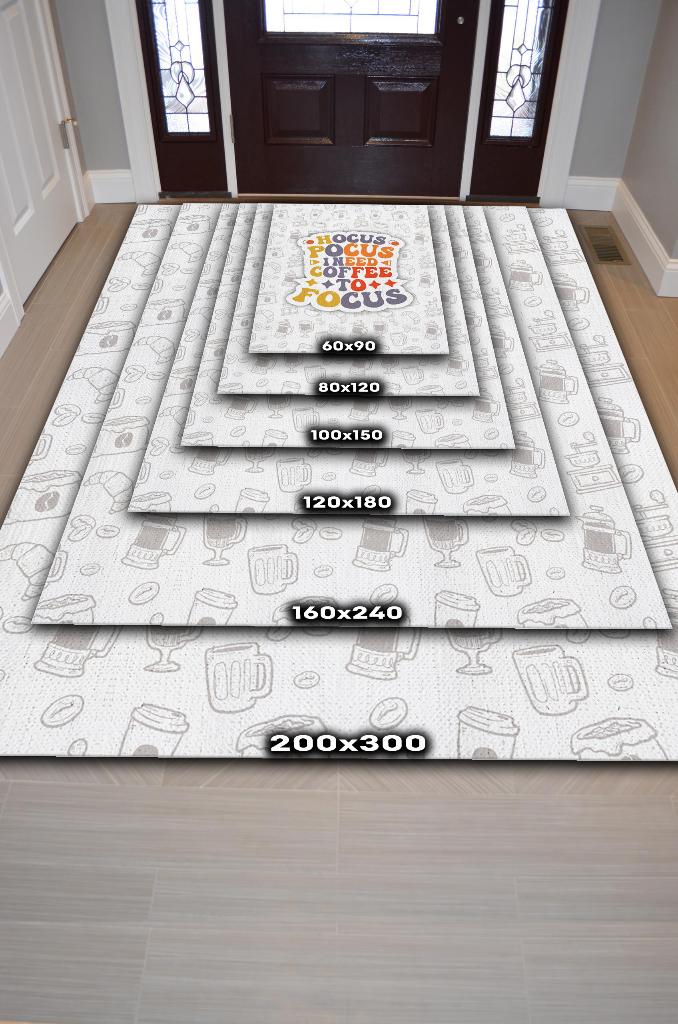 Kahvenin Odak Gücü Dekoratif HalıKahvenin Odak Gücü Açık Renkli Halı Beyaz Turuncu Halı Dekoratif Kahvesever Mutfak Halısı