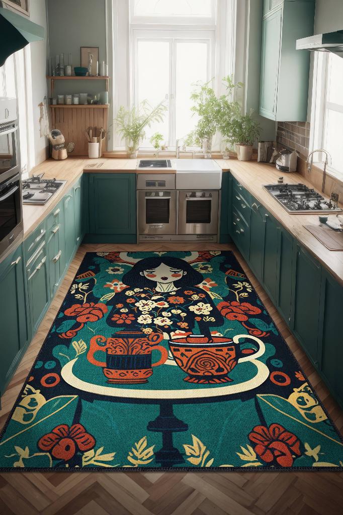Kahveye İhtiyacım Var Renkli Etnik Desenli Halı Çiçekli Mutfak Halısı Çok Renkli Halı