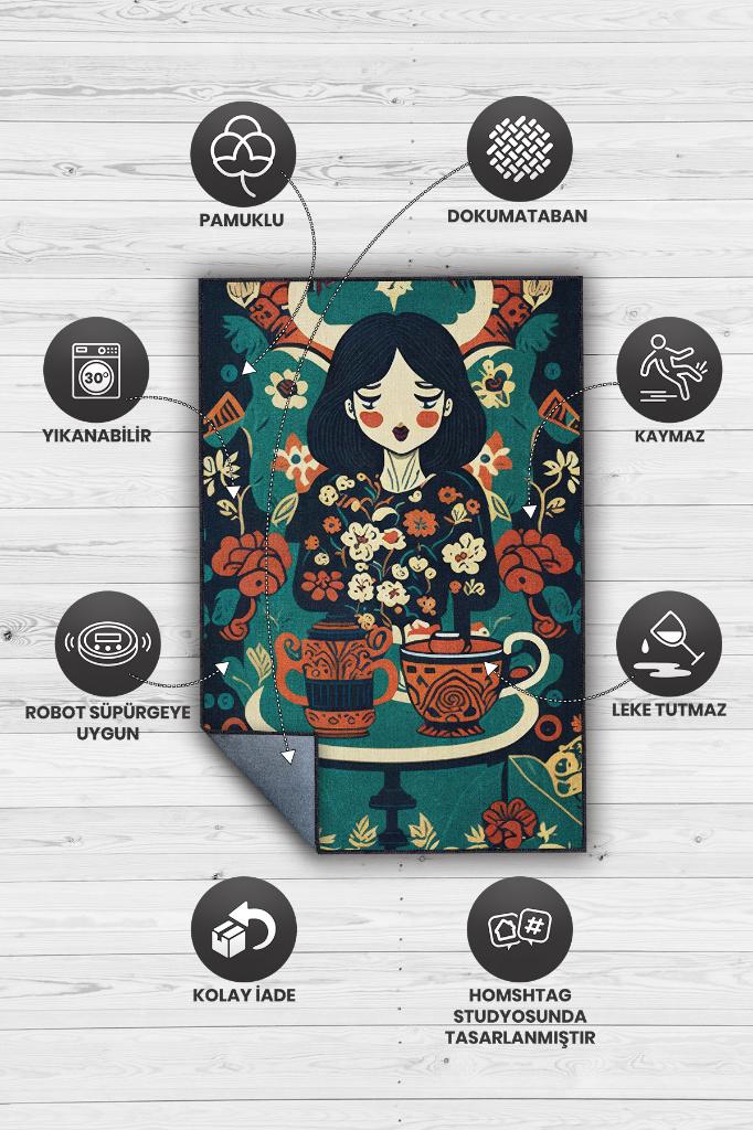 Kahveye İhtiyacım Var Renkli Etnik Desenli Halı Çiçekli Mutfak Halısı Çok Renkli Halı