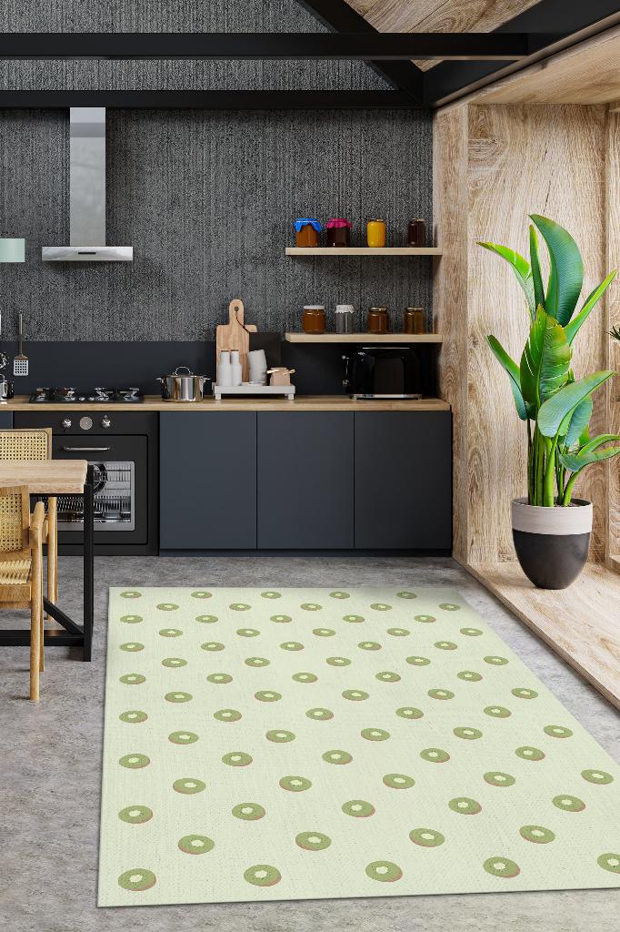 Kivi Desenli Yeşil Halı Minimal Salon Halısı Renkli Mutfak Halısı Tarz Oturma Odası Halı