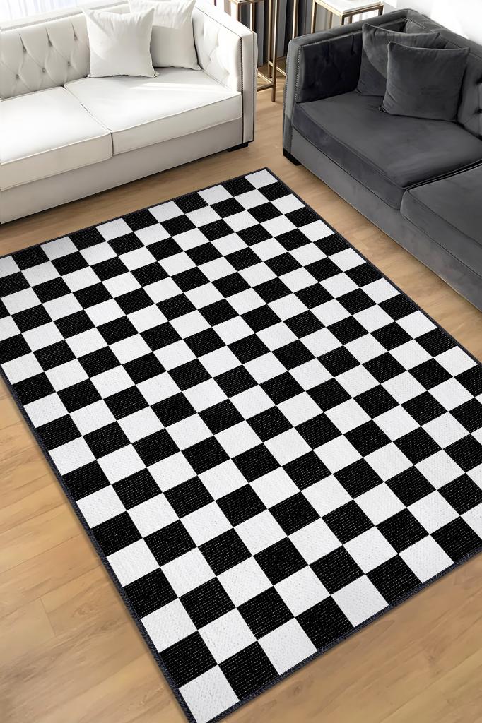 Minimalist Damalı Siyah Beyaz Halı Kareli Oturma Odası Halısı Retro Tarzı Salon Halısı