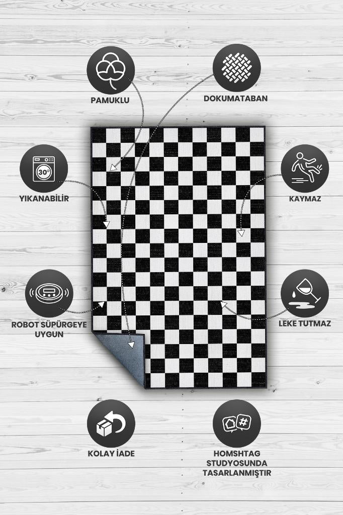 Minimalist Damalı Siyah Beyaz Halı Kareli Oturma Odası Halısı Retro Tarzı Salon Halısı