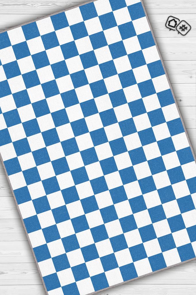 Minimalist Mavi Beyaz Halı Kareli Oturma Odası Halısı Retro Tarzı Salon Halısı