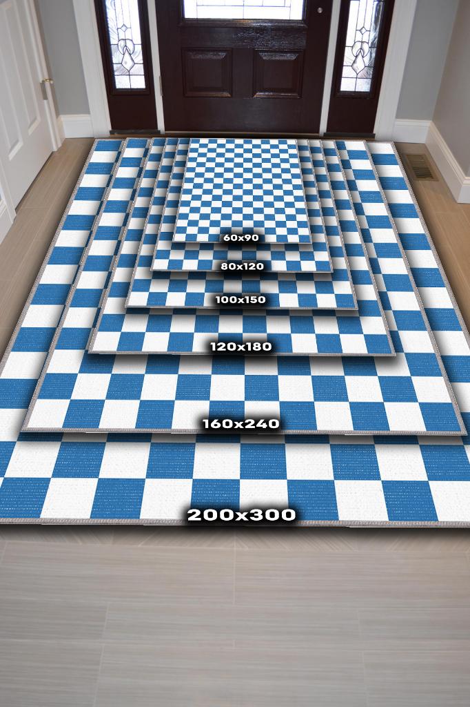 Minimalist Mavi Beyaz Halı Kareli Oturma Odası Halısı Retro Tarzı Salon Halısı